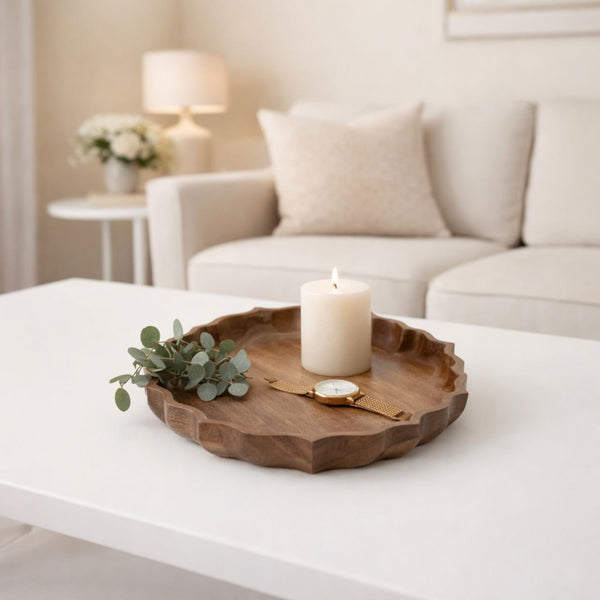 Handcrafted Lotus Silhouette Mango Wood Tray - Small