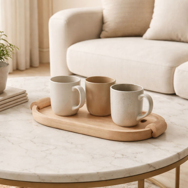 Handcrafted Elliptical Wooden Tray with Integrated Rounded Handles With Natural Finish - Medium