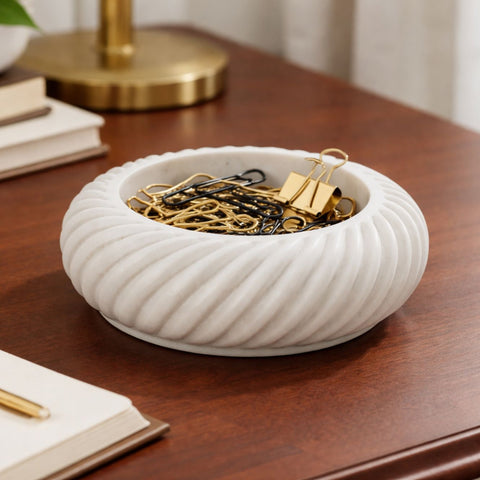 Vortex Hand-Sculptured White Marble Spiral-Ribbed Bowl - Large