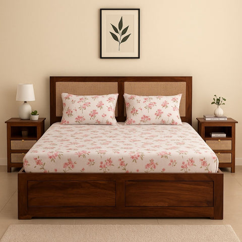 Solid Sheesham Wood King Bed with Cane Panel Headboard