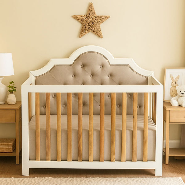 Vintage Mango Wood Baby Crib with Upholstered Fabric Headboard