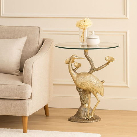 Crane Design Metal End Table with Glass Top