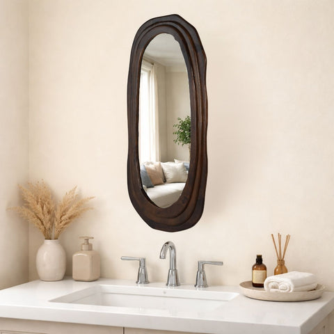 Modern Elongated Mango Wood Wall Mirror with Layered Frame – Flat Walnut Finish