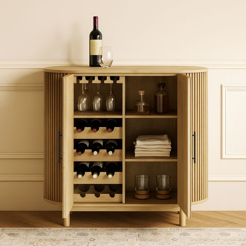 Contemporary Mango Wood Bar Cabinet with Reed Design