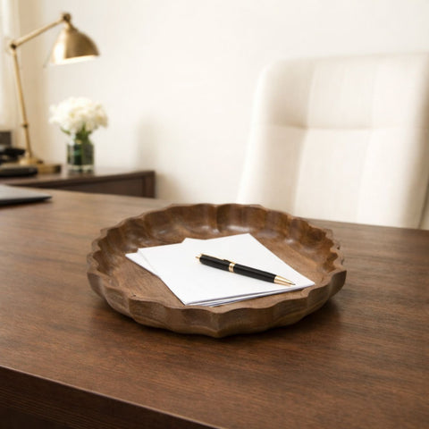 Handcrafted Lotus Silhouette Mango Wood Tray - Medium