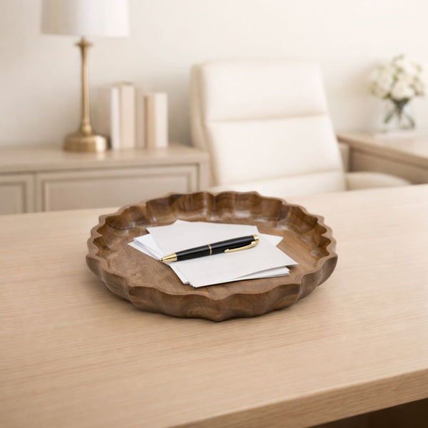 Handcrafted Lotus Silhouette Mango Wood Tray - Large