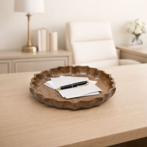 Handcrafted Lotus Silhouette Mango Wood Tray - Large