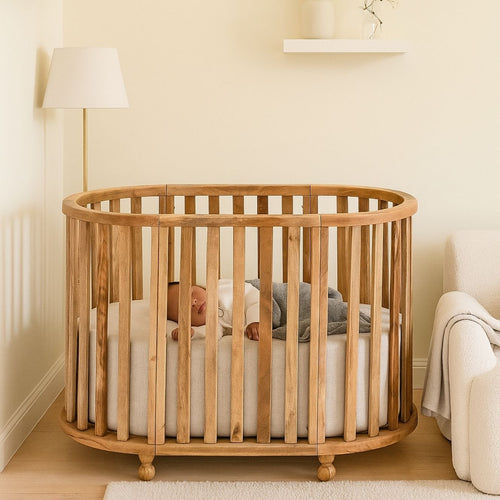 Handcrafted Mango Wood Baby Crib with Fabric Cushioning