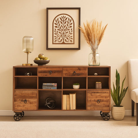 Christin Caster Iron Wheel Mango Wood Media Console