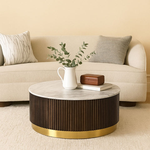 Round Mango Wood Coffee Table with Fluted Base & Marble Top