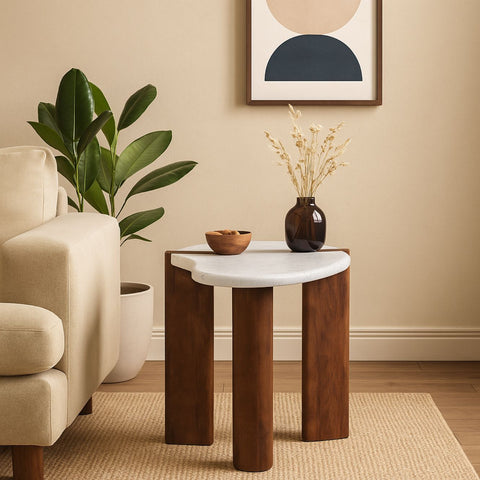 Modern Marble Top Side Table with Wooden Legs