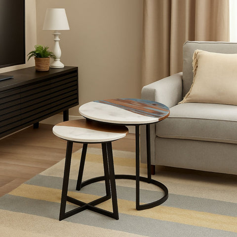 Drammen Sheesham Wood & Marble Nesting Table Set