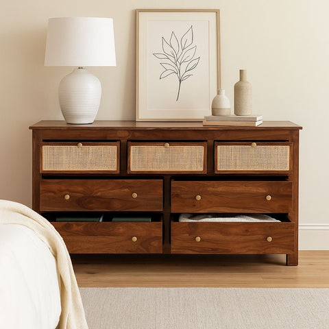 Handcrafted Sheesham Wood Dresser with Cane Detailing