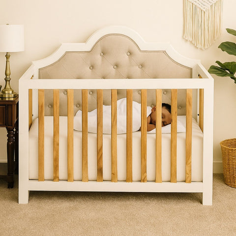 Vintage Mango Wood Baby Crib with Upholstered Fabric Headboard
