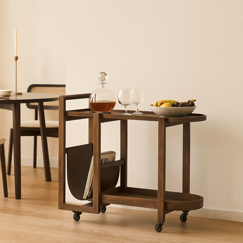 Elara Mango Wood Serving Trolley with Leather Holder