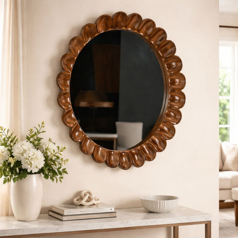 Modern Mango Wood Scalloped Wall Mirror – Flat Walnut Finish