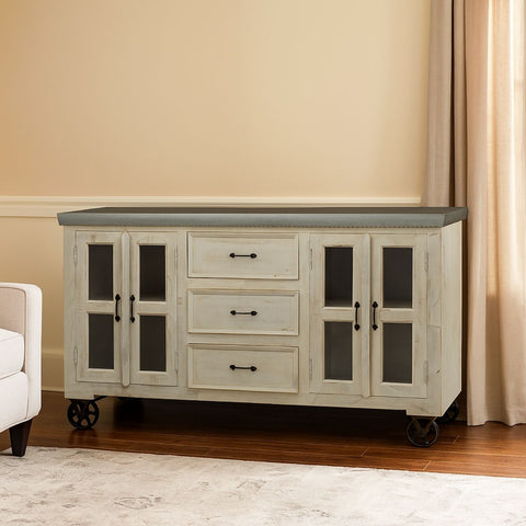 GURU 3-Drawer 8-Glass Door Sideboard with Galvanized Metal Top