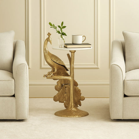 Peacock Design Metal End Table with Marble Top