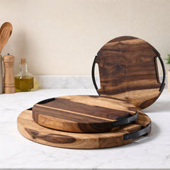 Round Sheesham Wood Cutting Board with Dual Iron Side Handles - Large