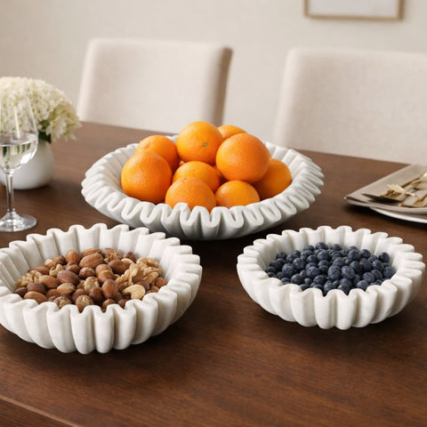 Hand-Sculpted White Marble Ruffled Decorative Bowl -  Large