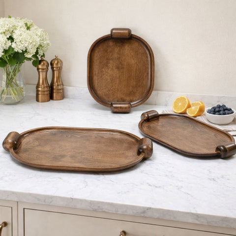 Handcrafted Elliptical Wooden Tray with Integrated Rounded Handles With Flat Walnut Finish - Small