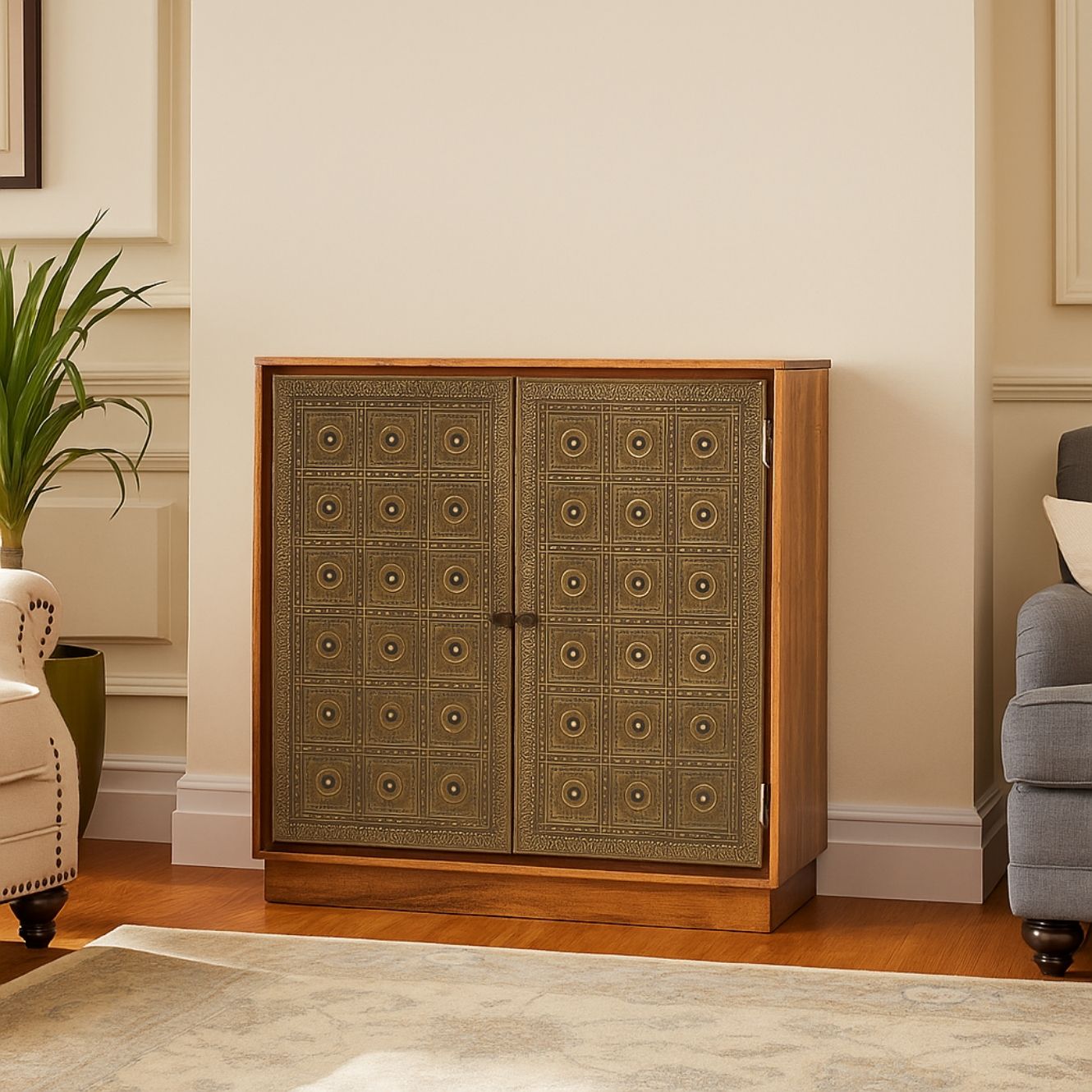 Kittur Mango Wood Bar Cabinet with Carved Door Detailing