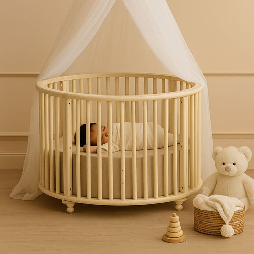 Round Mango Wood Baby Crib with Soft Fabric Mattress