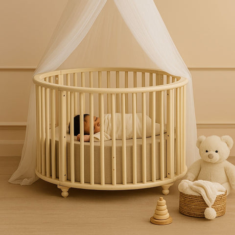 Round Mango Wood Baby Crib with Soft Fabric Mattress