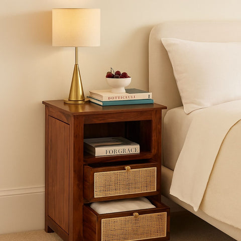 Handcrafted Sheesham Wood Bedside with Cane Front Drawers
