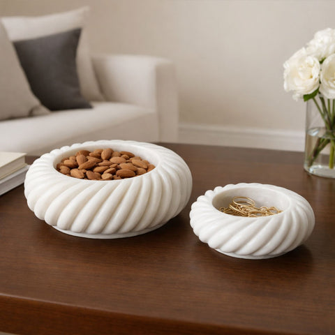 Vortex Hand-Sculptured White Marble Spiral-Ribbed Bowl - Large