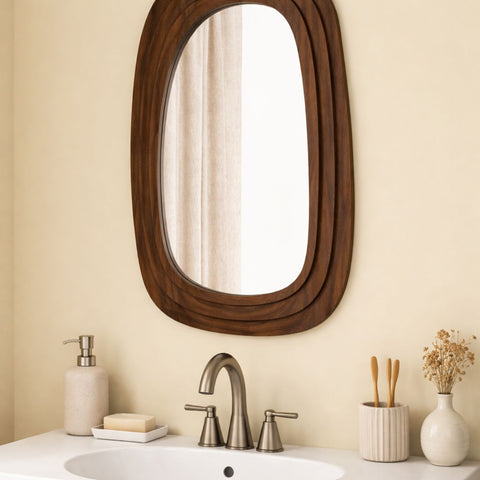 Wooden Organic Shape Mirror – Modern Mango Wood Wall Mirror in Flat Walnut Finish