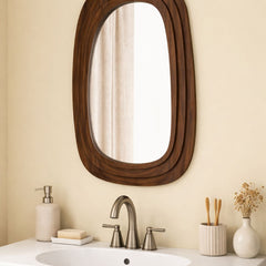 Wooden Organic Shape Mirror – Modern Mango Wood Wall Mirror in Flat Walnut Finish