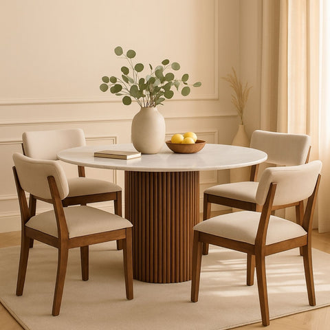 Karlen Round Dining Table – Fluted Wooden Base with White Marble Top