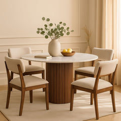 Karlen Round Dining Table – Fluted Wooden Base with White Marble Top