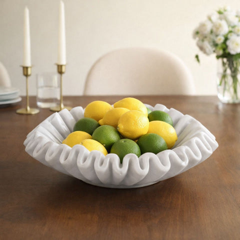 Hand-Sculpted White Marble Ruffled Decorative Bowl - Extra Large