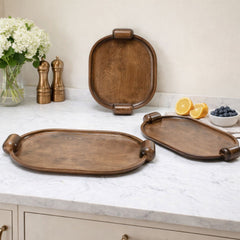 Handcrafted Elliptical Wooden Tray with Integrated Rounded Handles With Flat Walnut Finish - Medium