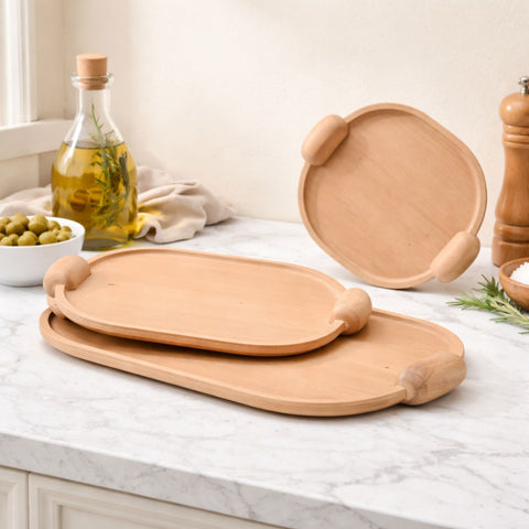 Handcrafted Elliptical Wooden Tray with Integrated Rounded Handles With Natural Finish - Large