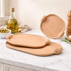 Handcrafted Elliptical Wooden Tray with Integrated Rounded Handles With Natural Finish - Large