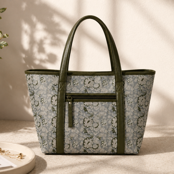 The Olive Grove Block-Printed Linen & Leather Tote
