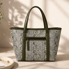 The Olive Grove Block-Printed Linen & Leather Tote