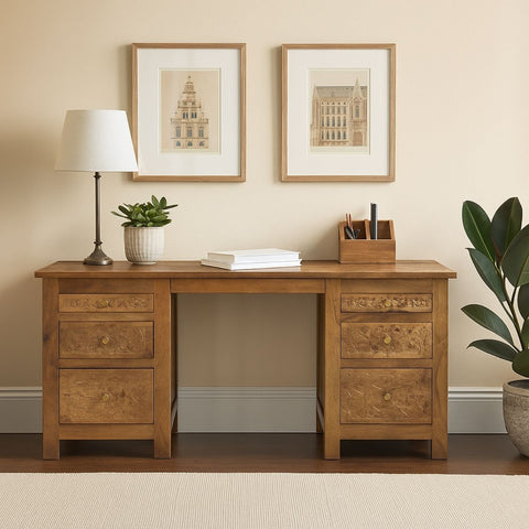Maharani Hand-Carved Solid Wood Desk with 7 Drawers