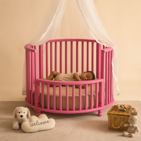 Bright Pink Mango Wood Baby Crib with Fabric Cushioning