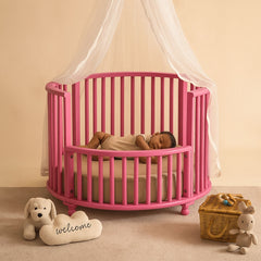 Bright Pink Mango Wood Baby Crib with Fabric Cushioning