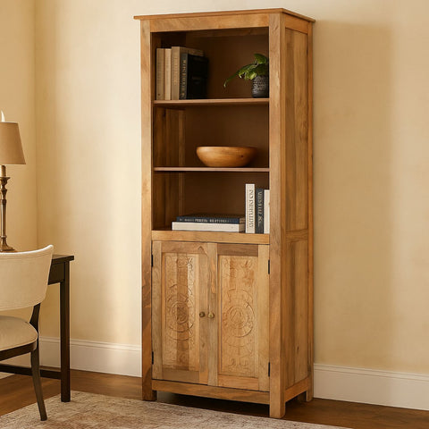 Maharani Solid Wood Bookcase with Carved Double Doors