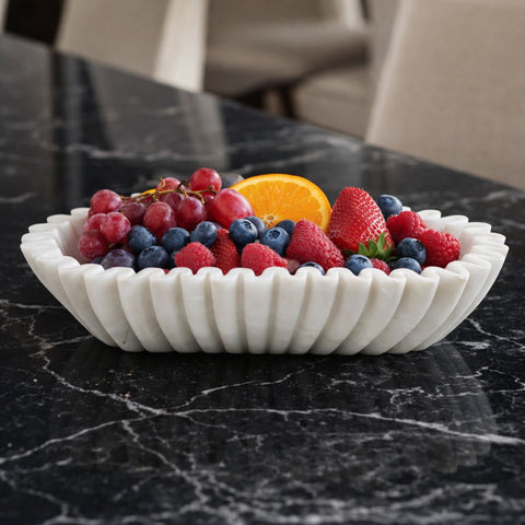 Hand-Sculptured Oval White Marble Fluted Bowl