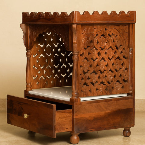 Carved Sheesham Wood Temple with Marble Base