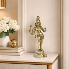 Tribhanga Pose Brass Statue — Vintage Style Decor Idol, Shiny Golden Finish