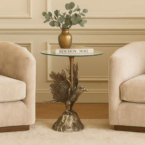 Eagle Design Metal End Table with Glass Top