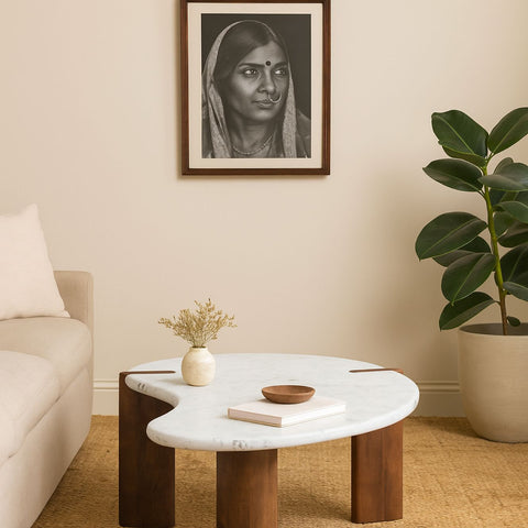 Modern Marble Top Coffee Table with Wooden Legs