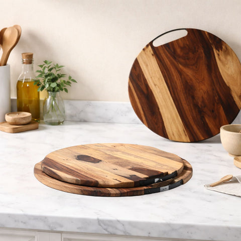 Round Sheesham Wood Cutting Board with Curved Iron Handle - Medium